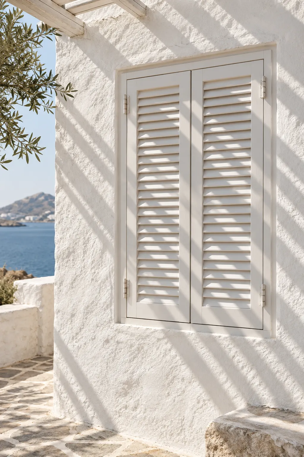 Λευκά παντζούρια αλουμινίου σε ασπρισμένο τοίχο, με σκιές από τον ήλιο